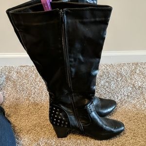 Black faux leather knee high boots